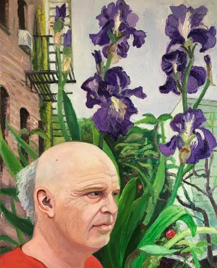 head of man and purple flowers